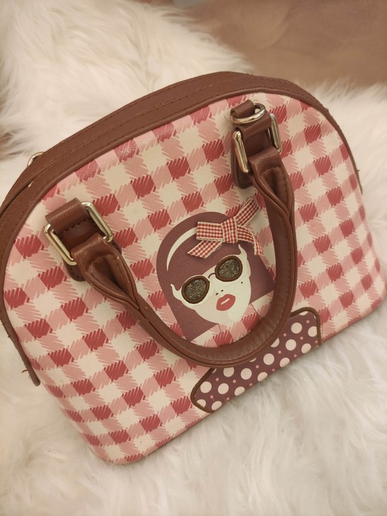 MG小象手提包容量大红色格纹复古风少女包#...