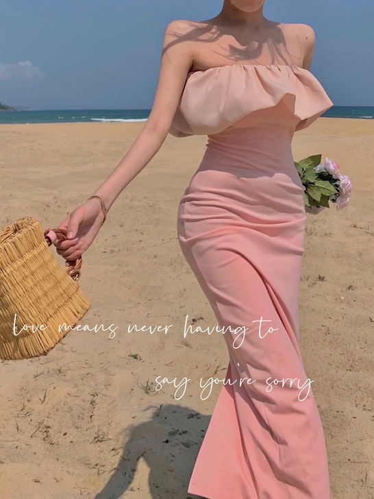 法式荷叶边气质修身包臀抹胸裙子2021年新...