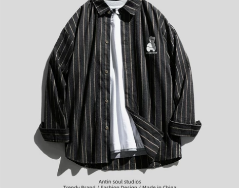 男士衬衫长袖小熊设计感高级休闲条纹寸衫日系...