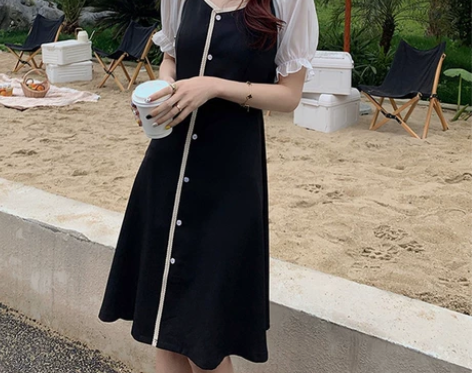法式泡泡袖连衣裙夏季设计感小众收腰显瘦黑色...