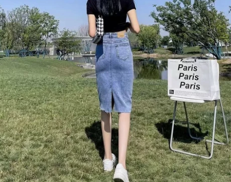 黑色牛仔半身裙女夏季新款后开叉中长款高腰直...