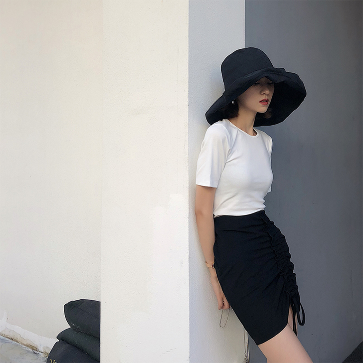 剩饭夏装极简高腰系绳冷淡风纯色半身裙##a...