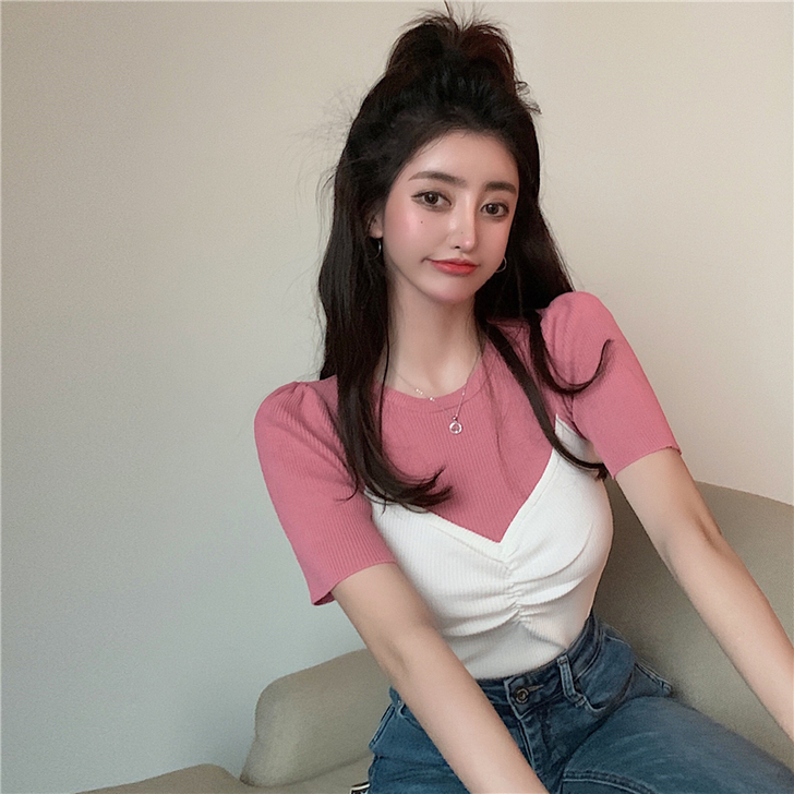 9.5新，正肩撞色抹胸假两件短款上衣女褶皱...