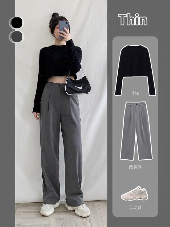 一口苏达复活款西装裤遮肉显瘦胖妹妹休闲裤高...