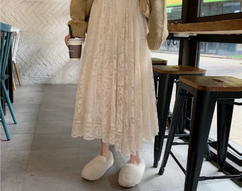 高腰秋冬中长裙子女新款2019蕾丝a字大摆...