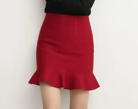 秋冬新款韩版荷叶边鱼尾半身裙包臀裙针织弹力...