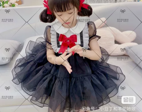 出薇爷【黑纱娃娃裙】宝宝可爱学院风黑色蝴蝶...
