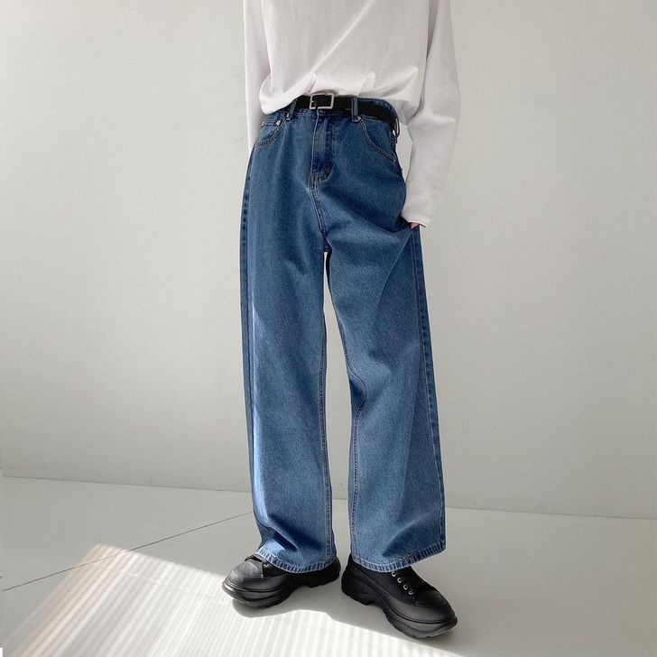 新款复古垂感牛仔裤男士直筒百搭长裤港风宽松...