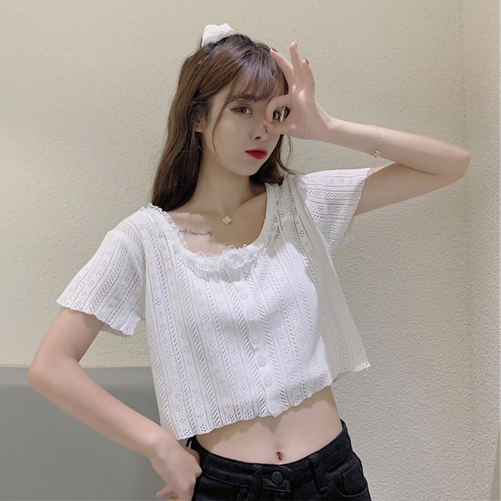 蕾丝边镂空针织衫女配高腰裤短款小个子150...