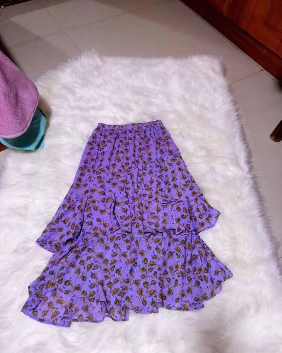 紫色碎花不规则半身裙鱼尾裙