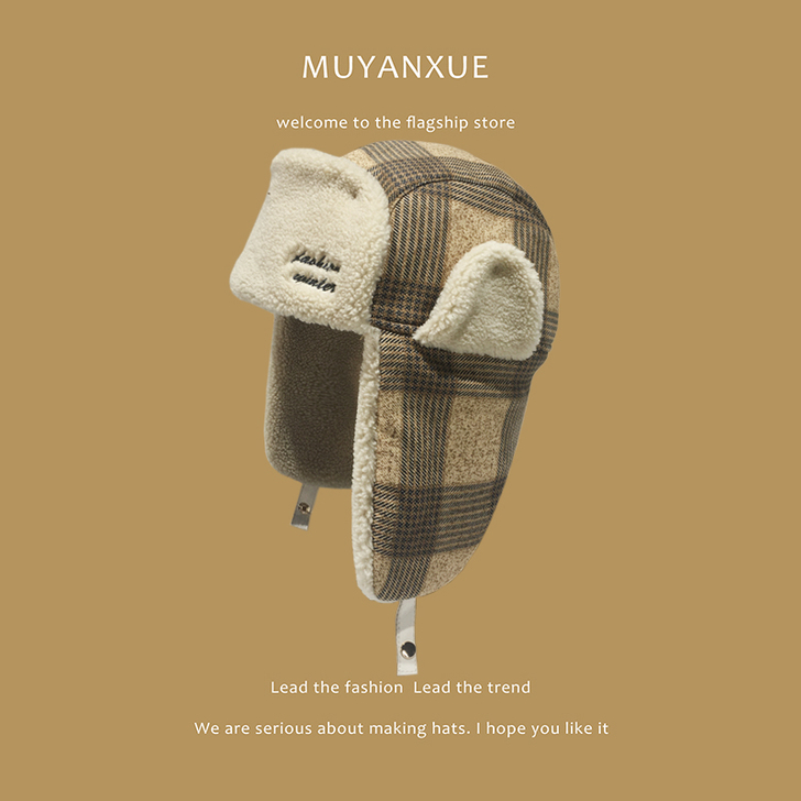 冬季复古雷锋帽女加厚羊羔毛滑雪护耳帽子秋冬...