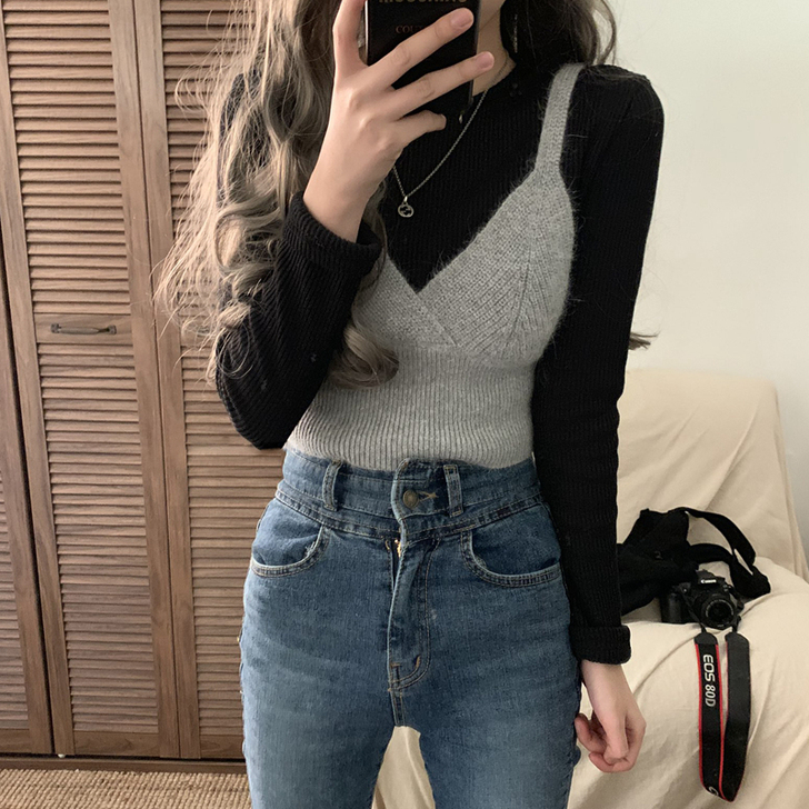 韩版代购毛衣女叠穿吊带背心机设计感秋冬打底...