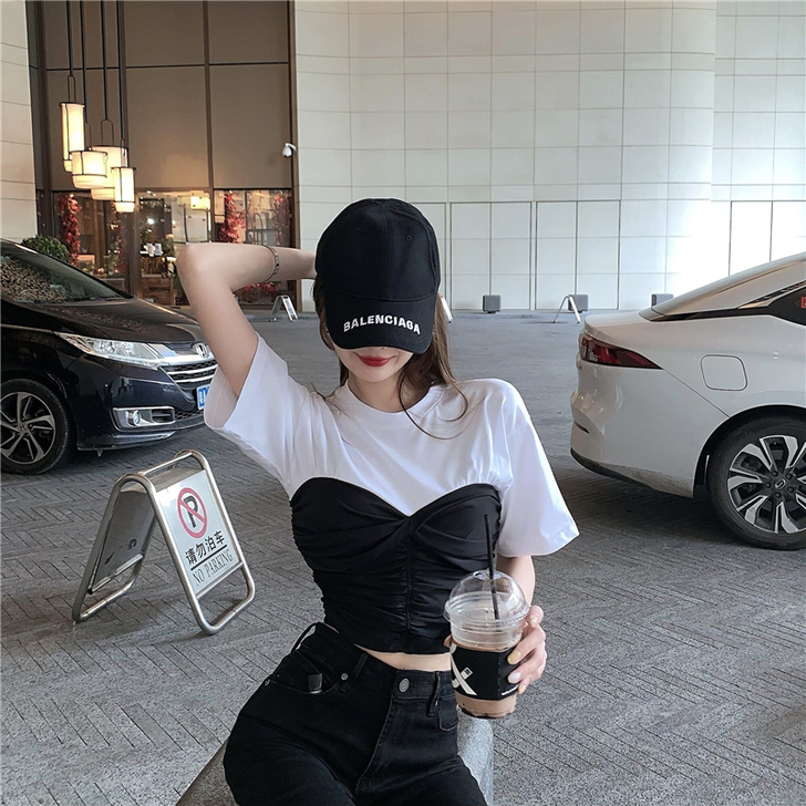 心机设计感小众收腰拼接假两件抹胸上衣短款露...