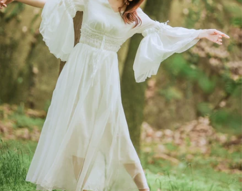 复古仙气喇叭袖长裙女装雪纺长款沙滩连衣裙