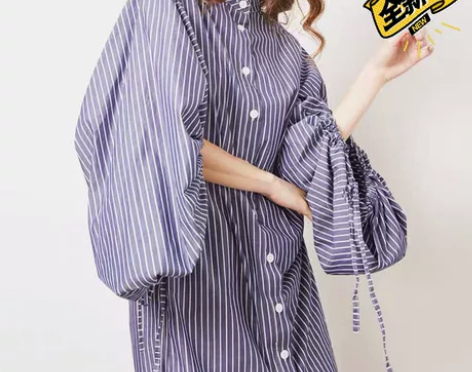 EE原创设计师 中性风条纹衬衫连衣裙大泡泡...