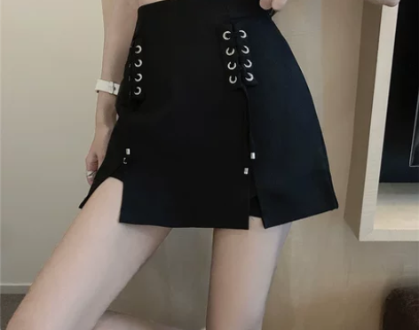 高腰新款西装短裙女设计感绑带显瘦黑色开叉阔...