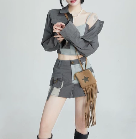 梦游碎碎冰【奇阁物语】工装风辣妹套装撞色短...