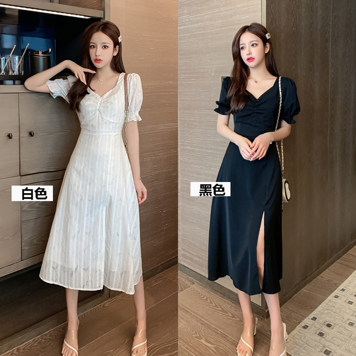 dhy法式复古开叉收腰鸡心领夏白色泡泡袖订...