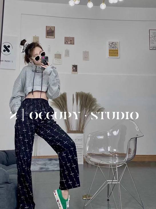 Ba家同款老爹弹幕印花裤 松紧腰