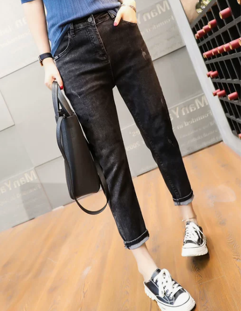 黑色萝卜裤牛仔裤女2022新款春秋季九分高...