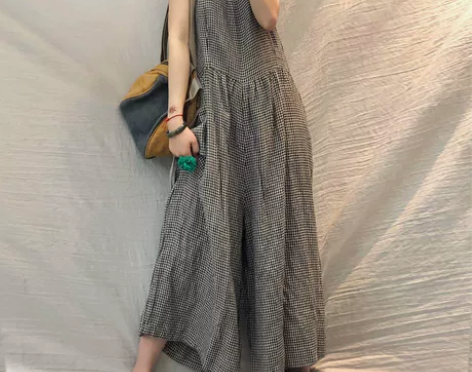 宽松大码格子棉麻连体裤2021年春季阔腿名...