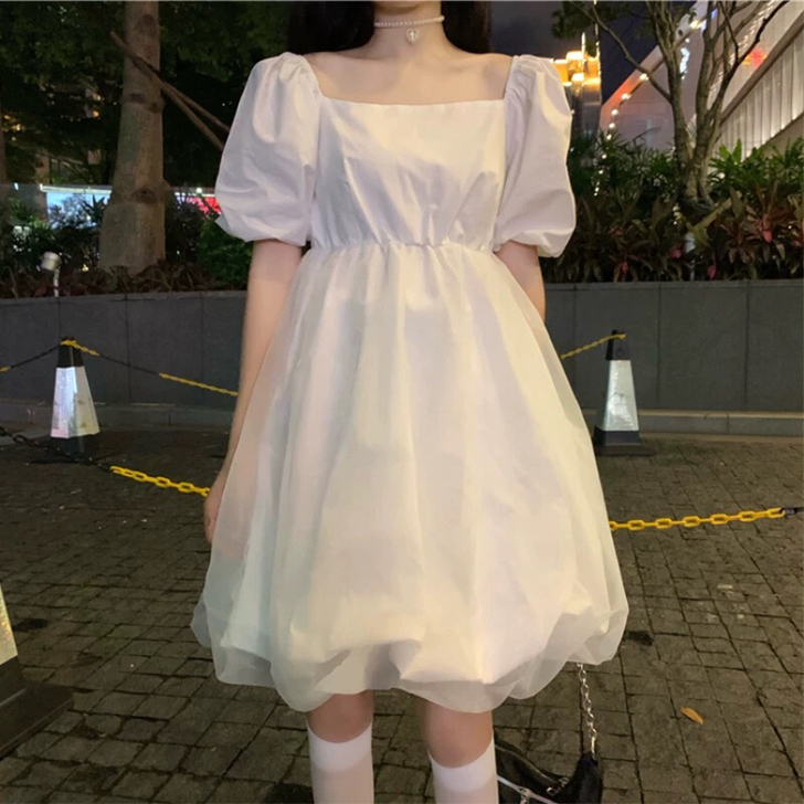 超仙甜美初恋森系显瘦法式泡泡袖小白色公主仙...