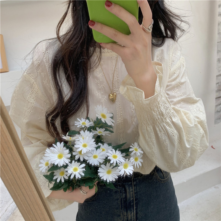 纯棉蕾丝钩花长袖套头衬衣