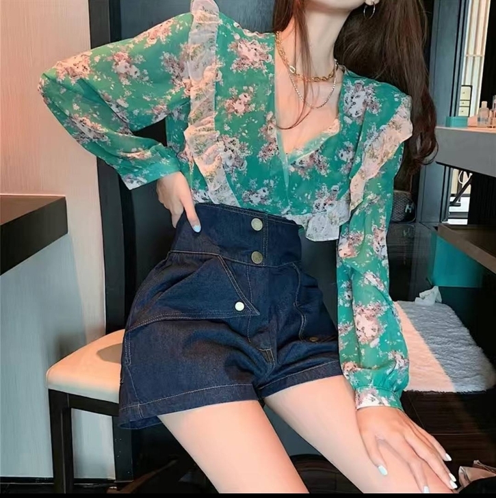 碎花长袖雪纺衬衫女2021春秋新款韩版衬衣...