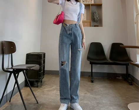 不规则单肩破洞牛仔背带裤女2022年夏季