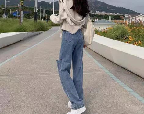 破洞牛仔裤女夏季薄款直筒宽松2022新款小...