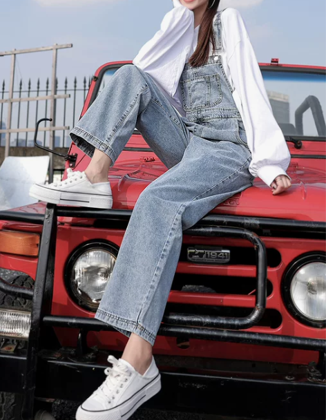 背带牛仔裤 工装牛仔背带裤早秋减龄连体女宽...