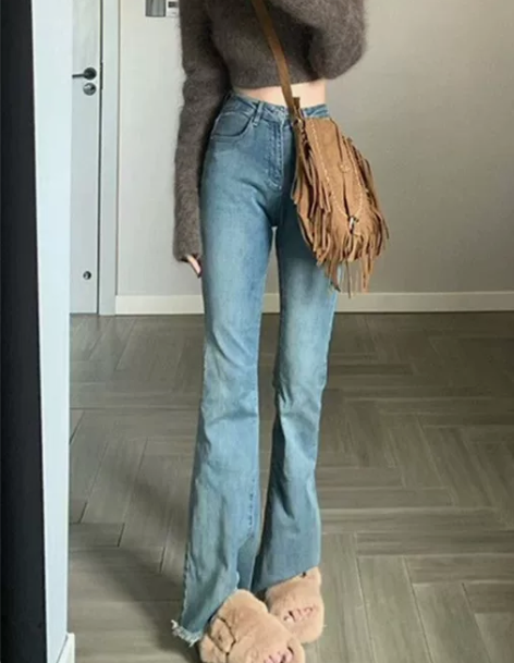 复古微喇牛仔裤女高个子韩版显瘦百搭bf高腰...