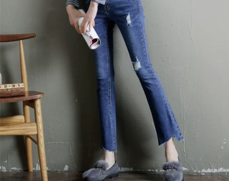 破洞微喇牛仔裤女欧货2019早秋洋气裤子显...