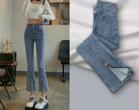 开叉牛仔裤女夏季薄款2022年新款高腰显瘦...
