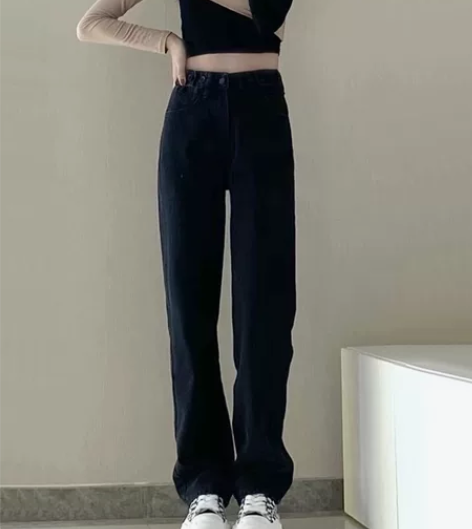 黑灰色直筒牛仔裤女大码显瘦胖mm复古设计感...