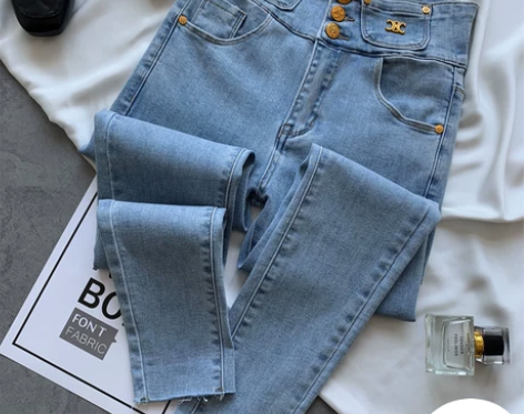 韩国东大门高腰三粒扣弹力紧身显瘦毛边小脚裤...