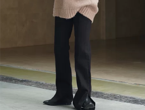 秋冬新款韩系复古微喇脚口开叉高腰牛仔裤柔软...