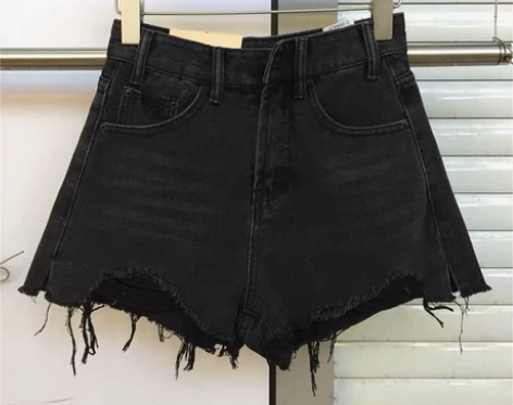 高腰牛仔短裤女毛边显瘦a字阔腿黑灰色热裤 ...