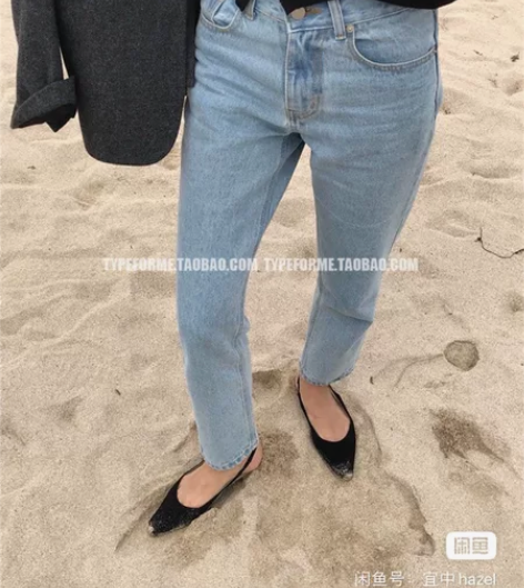 蓝色九分牛仔裤直筒高腰女春秋法式韩国代购S...