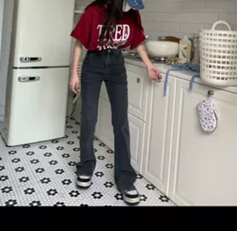 微喇叭长腿超模牛仔裤烟灰色m码 弹性很大 ...