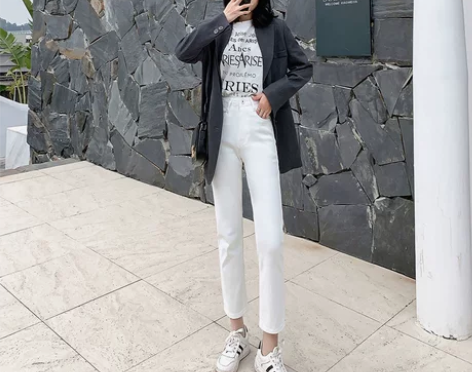 白色直筒九分牛仔裤女夏2020新款高腰显瘦...