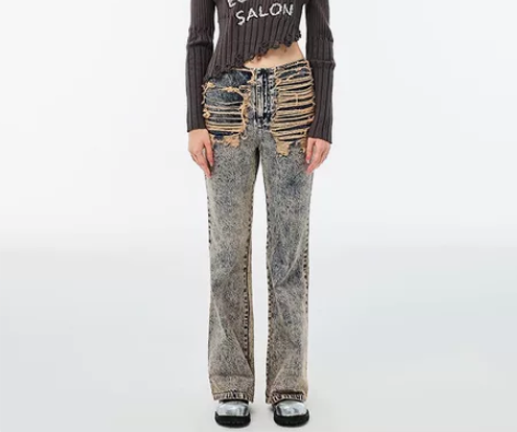 ECODAY美式高街辣妹风做旧牛仔裤女潮设...