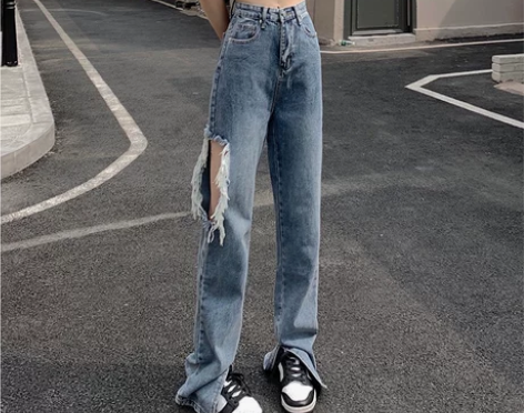 高腰破洞开叉气质蓝色牛仔拖地裤女夏季小众垂...