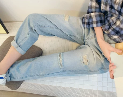 韩都衣舍2020春装新款少女裤子水洗破洞直...