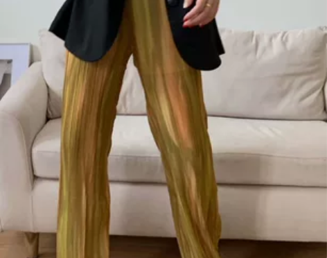 【礼遇价】扎染压褶开叉拖地长裤夏高腰直筒阔...