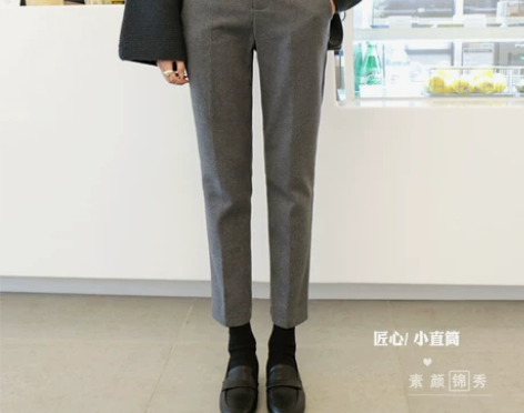 秋冬| 韩范薄呢小直筒深灰毛呢裤休闲九分裤...