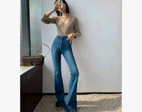 法式复古牛仔喇叭裤女高腰阔腿显瘦百搭微喇弹...