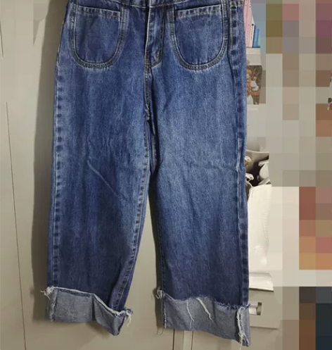 女夏季深蓝色卷边阔腿牛仔裤，弹力高腰，一尺...