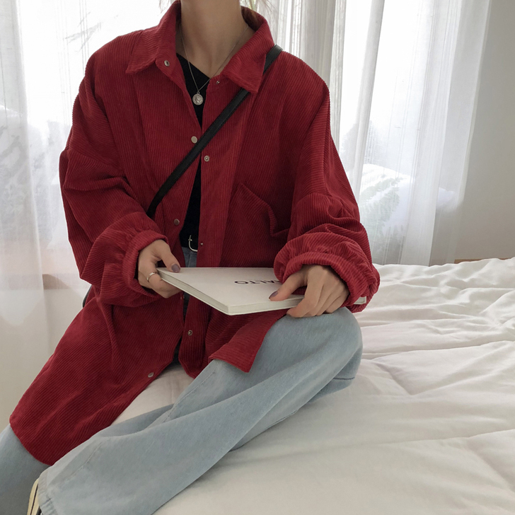 春秋季复古慵懒风灯芯绒衬衫外套女秋学生宽松...