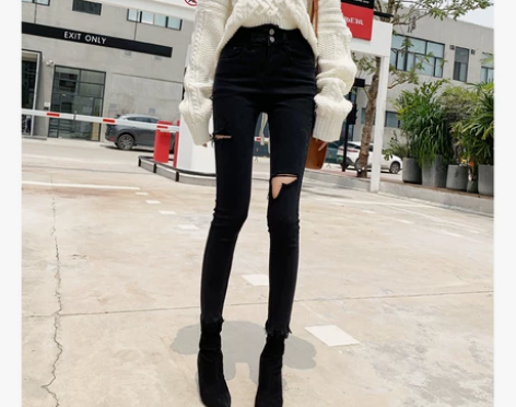 黑色破洞牛仔裤女2020秋季新款修身显瘦小...